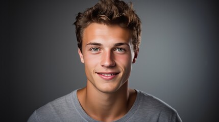 Obraz premium A young man with a blue shirt is smiling and looking at the camera