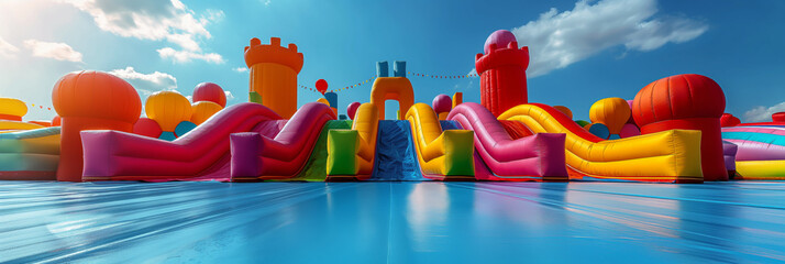 Colorful and bright bounce house water slide outside. Colorful bouncy castle slide for children playground.