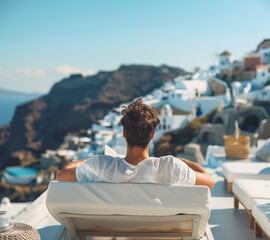 A young man is sitting on a chaise longue and looking at Santorini. AI. - obrazy, fototapety, plakaty