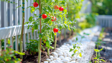 Tomatoes grow vertically (supported by a cane or stake) in a vegetable garden along a fence with white pebble mulch - obrazy, fototapety, plakaty