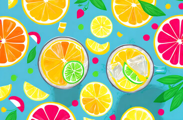 Lemon slices, with a leaf and pieces of ice, on a blue background.