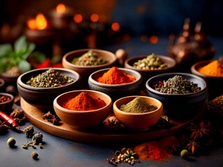 
Beautiful oriental spices on the table in bowls.