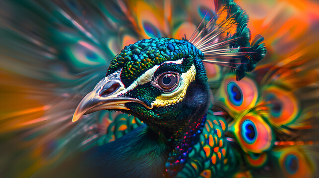  a peacock with feathers that burst into a kaleidoscope of psychedelic colors,