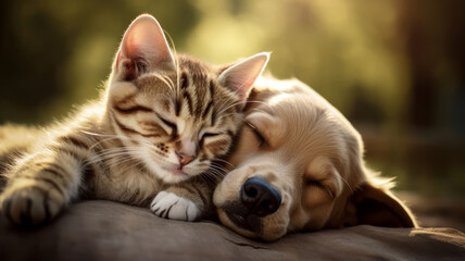 As true friends, a sweet dog and a sweet cat enjoy peace and relaxation - obrazy, fototapety, plakaty