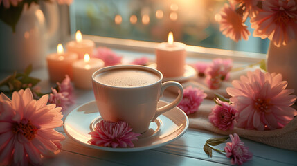 Obraz na płótnie Canvas Coffee Serenity. A cup of coffee on a windowsill, surrounded by pink flowers and illuminated by candles; outside the window, a serene evening landscape.