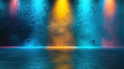 Empty modern stage with bright background for performance, stage lighting with blue and yellow spotlights for dance performance