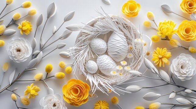 White and yellow paper art Easter decoration with eggs and flowers on a grey background. Flat lay composition with copy space