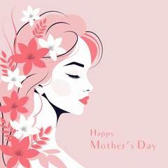 Profile of a beautiful young woman with flowers on her hair and body. Elegant greeting card for International Mother's Day.
