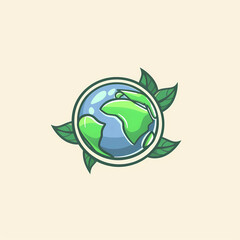 A logo design featuring the Earth with green leaves