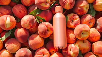 Poster Peach-colored plastic bottle among fresh peaches with water droplets. Cosmetics and natural hydration concept with copy space for design and print. © Andrey