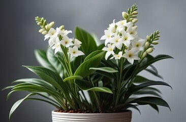 A little twig of houseplant with many beautiful flowers on the light background.