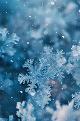 Blue Sparkling Winter Wonderland Background, Snow, Snowflakes, Bokeh, Vertical Christmas Illustration.  Generative AI.
