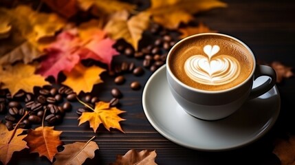 Cappuccino cup on wooden autumn background with red leaves and coffee beans