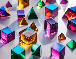 Multicolored, translucent glass geometric figures, cube, parallelepiped, sphere, triangular and round pyramids. shimmering in different colors on a white background