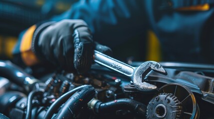 Close-up of mechanic's gloved hand with wrench working on car engine. Auto repair and mechanical service concept - obrazy, fototapety, plakaty