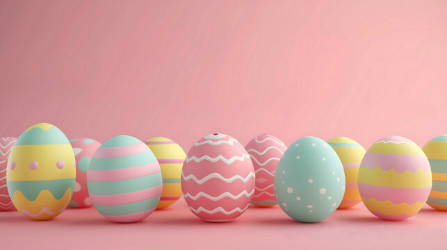 Row of easter eggs painted in soft pastel shades Lined up against a pink background Offering a fresh Springtime vibe