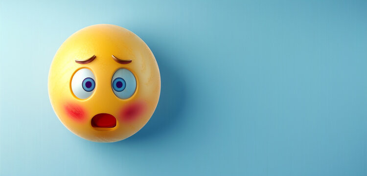 An emoji with a flushed face, suggesting embarrassment or shyness, on a blue background with