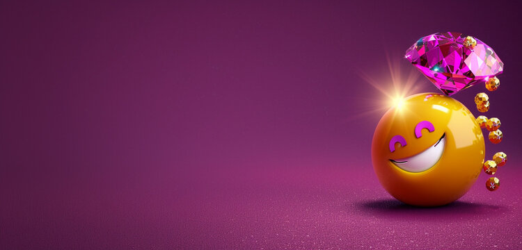 An emoji with a gemstone and shining light, representing wealth or preciousness, on a purple background with