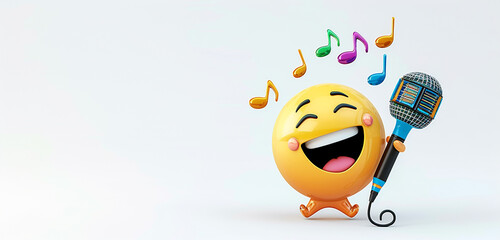 An emoji with a microphone and music notes, representing singing or music, on a white background with