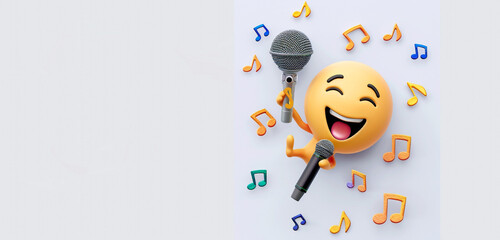 An emoji with a microphone and music notes, representing singing or music, on a white background with
