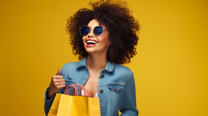 A woman is smiling and holding shopping bags - obrazy, fototapety, plakaty