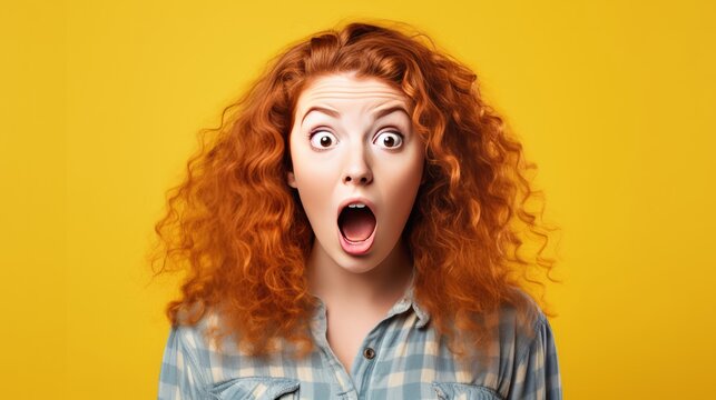 A woman with red hair and a surprised expression on her face