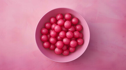 Bowl of red cherry candies on a pink background with copy space