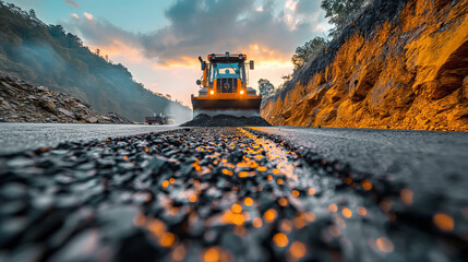 Laying a new asphalt road surface using special equipment - obrazy, fototapety, plakaty