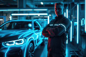 A confident engineer stands with arms crossed in a futuristic automobile factory