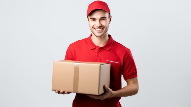 A man in a red shirt is holding a cardboard box