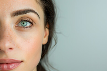 Close-Up View of Young Woman's Face Highlighting Natural Beauty and Subtle Freckles Against a Minimal Background - obrazy, fototapety, plakaty