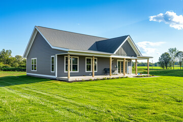 Beautiful new home exterior with covered porch and green grass on bright sunny day with blue sky