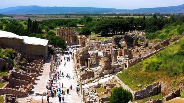 Stunning long aerial shot of the ancient city of Ephesus in Turkey