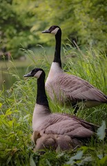 A pair of geese in the middle of the garden