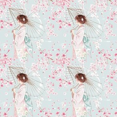 Beautiful young Japanese woman wearing a Japanese kimono holding an umbrella with cherry blossoms in pink, light blue, seamless pattern, textile, fashion, cartoon, watercolor Bangkok wallpapers arts  