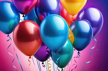 Set of some multicolored helium balloons floating on blurred colorful background. Balloons for birthday, party, wedding or promotion banners or posters. 