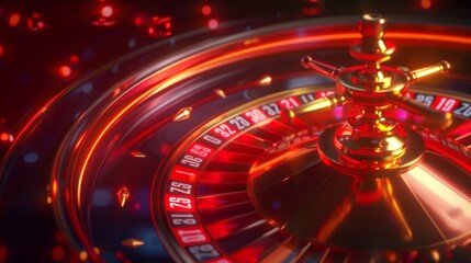 Roulette wheel close-up with shiny gold and red details on a dramatic dark background. Casino gambling and luxury concept