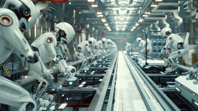 Automated robotic arms working on an assembly line in a modern manufacturing facility. Futuristic industrial robotics concept