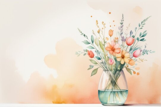 Tranquility, natural elegance, clean minimalistic soft watercolor painting  of spring flowers in a glass vase, off-white background