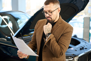 Man is considering a car purchase agreement - obrazy, fototapety, plakaty
