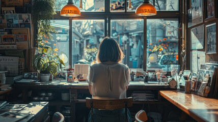 Chic cafe vibe: Relaxed weekend with stylish, intellectual 20-year-old Asian woman.generative ai