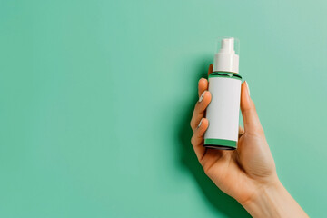 Close-up shot of hand showcasing luxury elegant skincare product bottle on a bright mint green isolated solid background, highlighting freshness and high-end skincare,