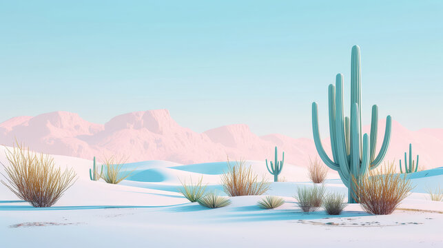 A desert scene with a cactus in the foreground and mountains in the background