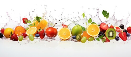 An array of assorted fruits such as oranges, apples, and berries with water droplets in mid-air splashing around