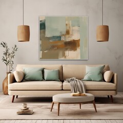 Neutral Mid Century Modern Living Room Interior With Abstract Art Above The Sofa