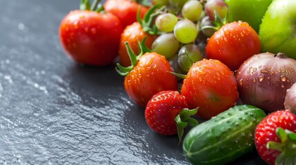 Featuring Copy Space for Text on the Left, a Close-Up Composition of an Assortment of Organic Fresh Fruits and Vol Slate Background.