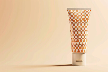 Contemporary cosmetic cream tube with a bold geometric pattern on a soft beige isolated solid background, showcasing modern trends in beauty packaging,