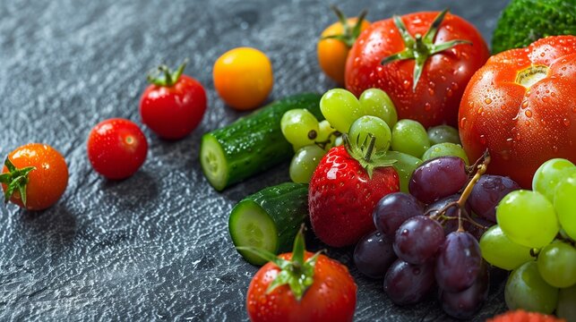 Featuring Copy Space for Text on the Left, a Close-Up Composition of an Assortment of Organic Fresh Fruits and Vegetables, Including Sun-Kissed Tomatoes, Plump Grapes, C