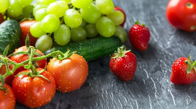 Featuring Copy Space for Text on the Left, a Close-Up Tomatoes, Plump Grapes, Crisp Cucumbers, and Bright Strawberries, Laid Out on a Cool Slate Background.