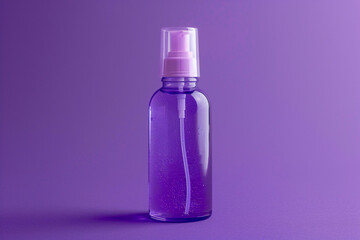 Contemporary skincare bottle with a transparent, dewy finish on a vibrant violet isolated solid background, showcasing freshness and purity,